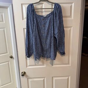 Caslon 4X Blue Floral Button-Up Blouse Pink Accents | Gathered Wrist | Nordstrom